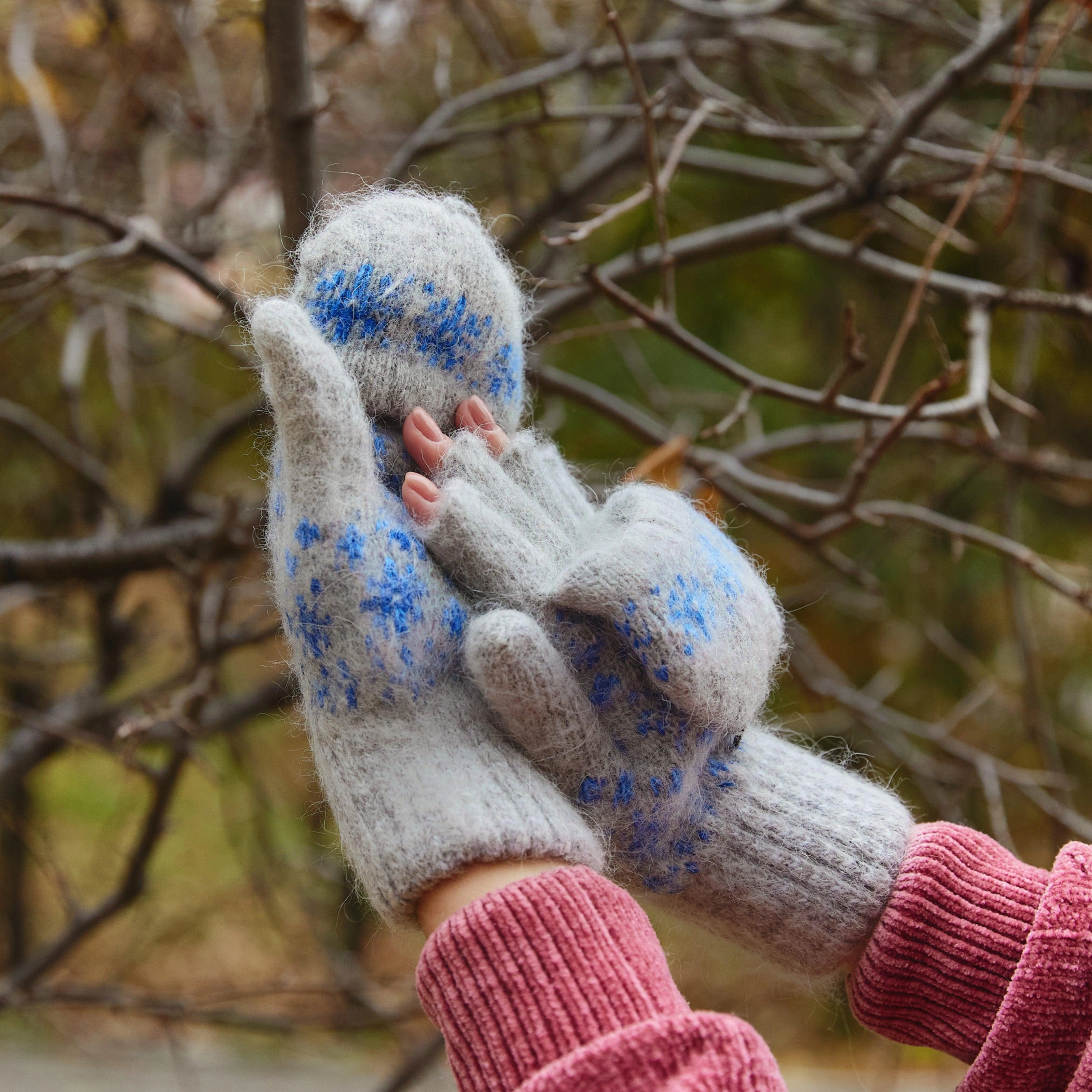 Cozy Blue Blizzard Goat Wool Winter Mittens for Women